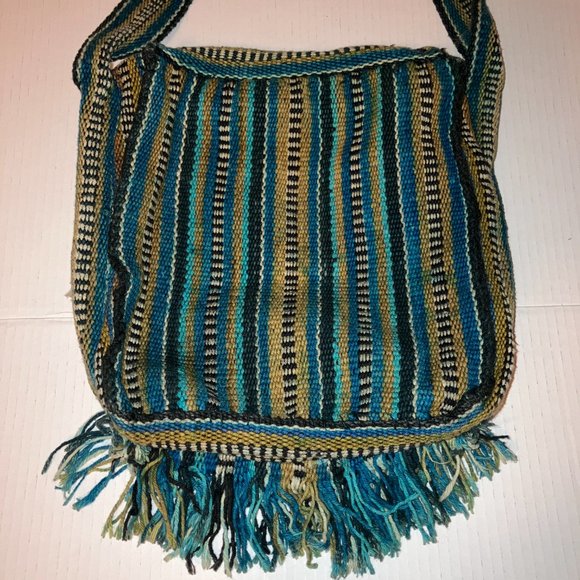 Boho Woven Flap Front Blue Stiped Shoulder Strap Bag - Picture 7 of 12